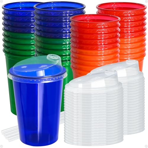 L LIKED 12 oz Kids Cups, 40 Pack Spill Proof Party Cups, BPA-Free, Assorted 4 Colors for Party, Picnic, Travel & Everyday Use