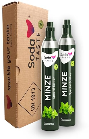 SodaTASTE CO2-Zylinder kaufen 2er-Pack (Reservezylinder) für Wassersprudler, mit natürlichem Minzaroma, ohne Sirup, für bis zu 120l gesprudeltes Wasser mit Geschmack, zuckerfrei