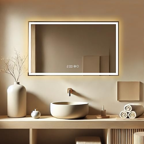 Lumoire® Tron Spiegel Mit Beleuchtung - Rechteckig - Badezimmerspiegel - Digitaluhr (keine Lupe, 100 x 60 cm)