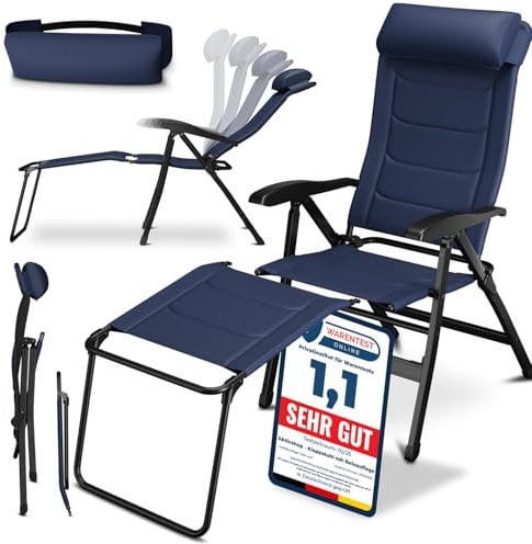 ELONEO Chaise de Camping Pliante avec Repose-Pieds Amovible - Chaise Longue Pliante de Jardin en Aluminium Rembourrée, Transat Jardin Extérieur Confortable - Dossier Inclinable - (Rembourrage 3D Bleu)