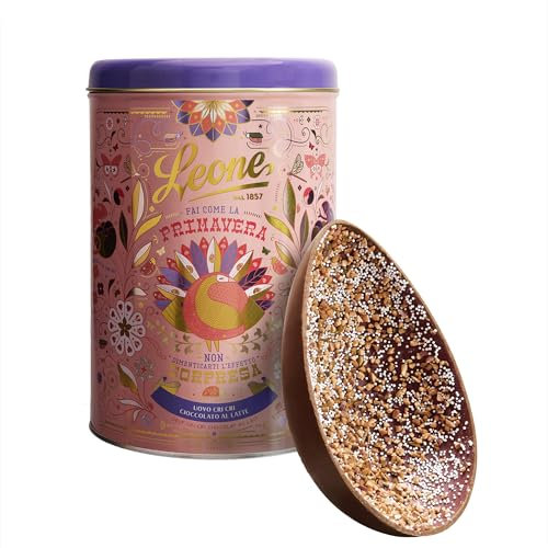 Leone dal 1857 - Uovo di Pasqua Cri Cri al Latte - Uovo di Cioccolato al Latte con Granella di Zucchero e Nocciole - in Latta Regalo - 350gr