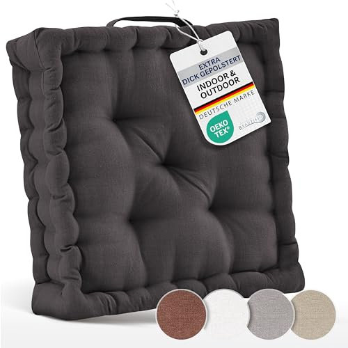 Beautissu Bodenkissen Sitzkissen 50x50 cm - Dickes Matratzenkissen 10cm - 100% Baumwolle Stuhlkissen Indoor & Outdoor Sitzkissen Boden Tragegriff extra Dicke Sitzauflagen Anthrazit - Mila