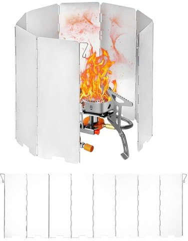 EXIN DEHCEN 8 Pare Vent Pliable Rechaud, Pare-Vent Pliable Aluminium, Pare-Vent de Camping pour Poêle, Plaques Pare-Brise de Camping avec Sac de Rangement, pour Camping Réchaud Extérieur Pique-Nique