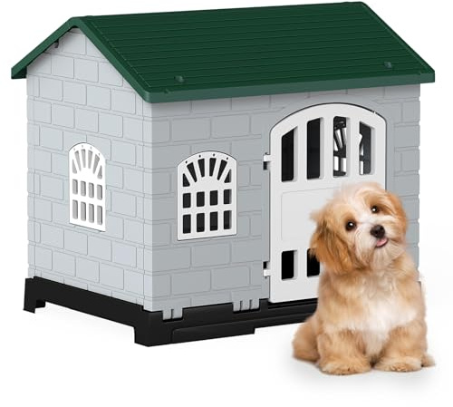GYMAX Outdoor Hundehütte, große Hundehaus mit Schrägdach, abnehmbarem Boden & Tür, faltbares Haustierhaus mit 3 Fenster & geneigtes Dach, 75 x 58 x 65 cm (Dunkelgrün)