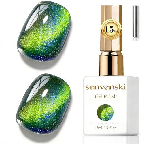 Senvenski Jelly Glass Cat Eye Gel Nail Polish with Magnet 15ML Magnetic 3D Galaxy Holographic Glitter Translucent Sheer Color Gel Polish Salon Home DIY (Aurora Green, MY1-042)