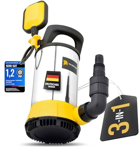 WARRIOR® 3in1 Schmutzwasserpumpe flachsaugend [TESTSIEGER] bis 1mm, Fördermenge: 18.000 l/h mit SnapLock-System, Tauchpumpe Schmutzwasser, Powerstrap und Tragetasche für Teich und Pool