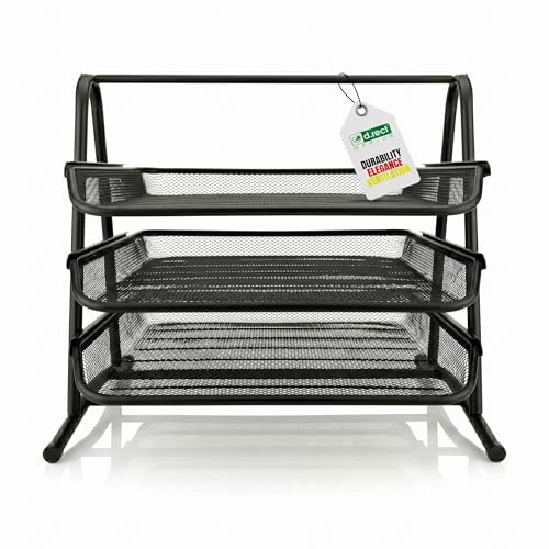 D.RECT KOMO 3-Tier Desk File Organizer – A4 Document Tray with Pull-Out Shelves – Sturdy Metal Mesh Letter Tray with Non-Slip Feet – 350×297×275 mm, Black