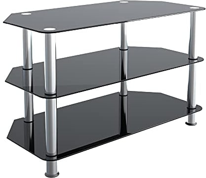 MAHARA Glass Corner TV Stand – Universal Black Glass TV Unit 80cm wide with Glass Shelves – TV Floor Stand Suitable for up to 42” TVs and Max Weight 40Kg