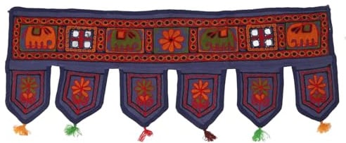 GURU SHOP Indischer Wandbehang, Wimpel mit Pailletten, Elefant blaugrau | 100 % Baumwolle, reich bestickt mit Perlen, einzigartig, farbenfrohe Dekoration, ideal für Eingangsbereiche