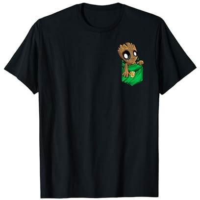 Marvel T-Shirt mit Groot auf der linken Brusttasche, Klassische Passform, Schwarz, S, Unisex, Kurzarm, 100% Baumwolle, Cartoon-Muster, Superhelden, Damen, Marvel-Fans