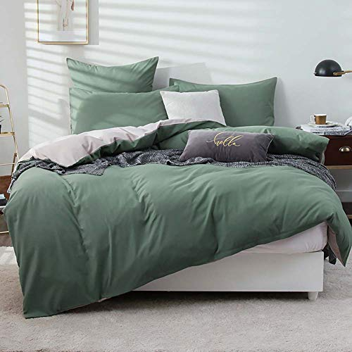 Omela Bettwäsche 135x200 Grün Taupe Kuschelig Weich Microfaser Unifarben Wende Bettwäsche Set 4teilig - 2 x 135 x 200 cm Bettbezüge + 2 x 80 x 80 cm Kissenbezüge