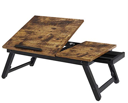 SONGMICS Laptop Desk for Bed or Sofa with Tilting Top, Breakfast Serving Tray with Folding Legs, Fits up to 15.6 Inches Screen, (61-68.3) x 34.9 x (22.5-32) cm, Rustic Brown LLD105B01