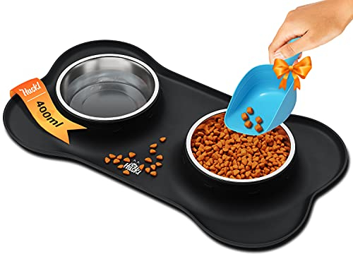 Huskl Katzenfressnapf Hundenapf Set mit Unterlage aus Silikon Katzennapf rutschfest für Hunde Katzen 2x400ml Fressnäpfe mit Futterschaufel Futternapf in Knochenform Schwarz Katzenzubehör Hundezubehör
