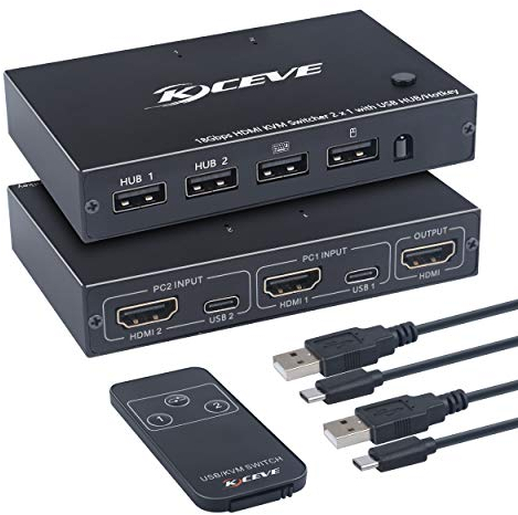 KCEVE KVM Switch 2 Anschlüsse, USB HDMI-Schalter 2 Computer Tastatur Maus Umschalter Box Unterstützung 4K@60Hz für Laptop, PC, PS4, Xbox HDTV, Unterstützt Hotkey- und USB-HUB-Funktion