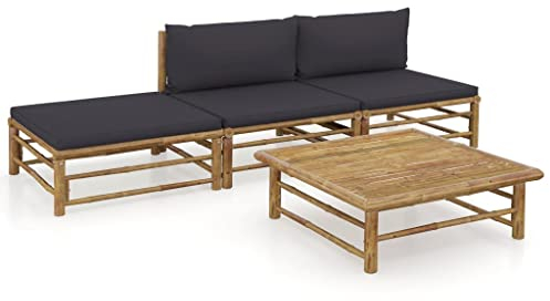vidaXL Gartenmöbel 4-TLG. mit Dunkelgrauen Kissen Garten Garnitur Sitzgruppe Sofa Lounge Gartensofa Sitzgarnitur Gartenset Mittelsofa Fußhocker Bambus