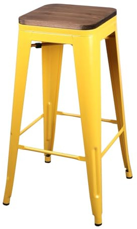 Urban living V LIV Barhocker aus Metall, Gelb, matt, Sitzfläche aus Holz, 42,5 x 42,5 x 77 cm
