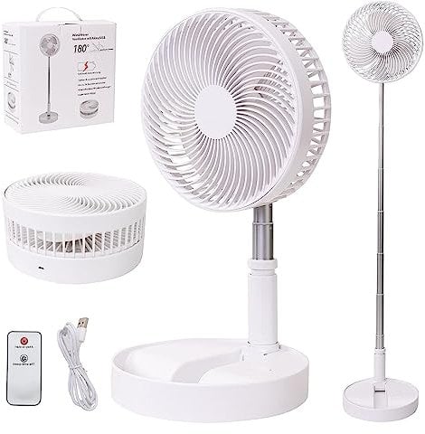 Portable Desk Fan,Foldable Fan Pedestal Stand Floor Fan Adjustable Height from 14.2 inch to 39inch, 4 Speeds & Time Settings, 7200mAh Rechargeable Battery Telescopic Oscillate USB Charging (WHITE)