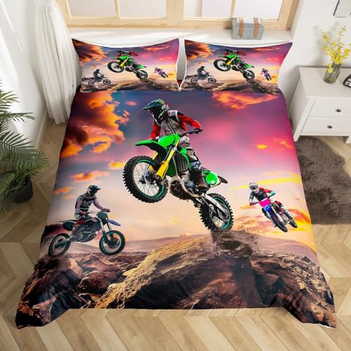 Set di Biancheria da Letto Matrimoniale Con Copripiumino per Ragazzi, Motocross e Moto da Corsa - Decorazione Sport Estremi per la Stanza dei Bambini
