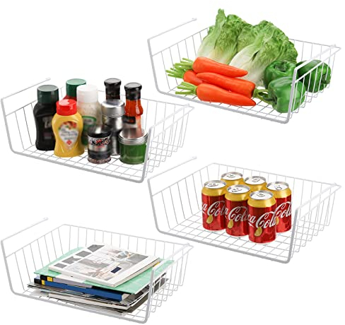 Lawei 4 Pack White Under Shelf Wire Basket Hanging Storage Baskets, Under Cabinet Add-on Storage Racks Slide-in Baskets Organizer for Kitchen Pantry Desk Bookshelf