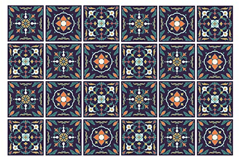 Coloray: Aufkleber Küchenfliesen 15x15cm Wandaufkleber Selbstklebende Set mit 24 Stück Küchenrückwand Klebefolien für Fliesen Für Bad Küche Fließenklebefolie - Granatapfel-Arabesque