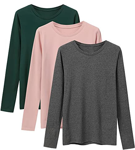 LiKing T- Shirt Tops À Manches Longues Femme Basique en Coton -Tee Shirt Manche Longue Femme Coton -Vert foncé Rose Gris Lot de 3 - Taille M GPGE