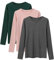 LiKing T- Shirt Tops À Manches Longues Femme Basique en Coton -Tee Shirt Manche Longue Femme Coton -Vert foncé Rose Gris Lot de 3 - Taille M GPGE