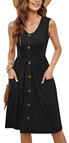 MOLERANI Damen Casual Kleider Plissee V-Ausschnitt Ärmellos Button-Down Einfarbiges Sommerkleid(Schwarz,S)