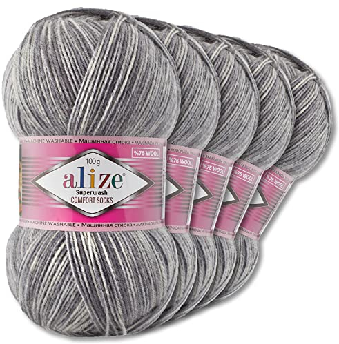 Wohnkult Alize 5x100g Superwash Comfort Sockenwolle 33 Farben zur Auswahl EIN-/Mehrfarbig (7676)
