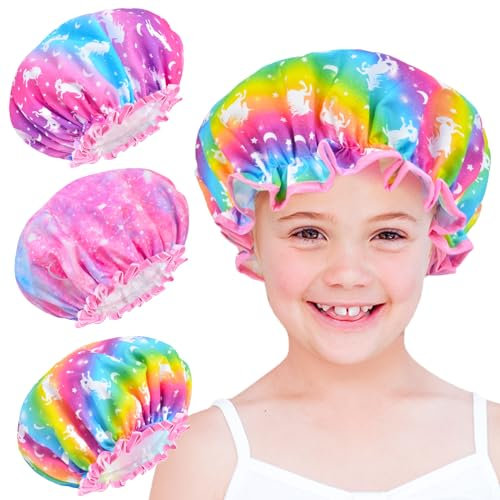 Shower Cap For Kids Toddler Girls 3 Pcs Reusable Plastic Rainbow Unicorn Shower Cap For Girls Adjustable Cute Mermaid Hair Cap Waterproof Childrens Women Head Cap For Hair