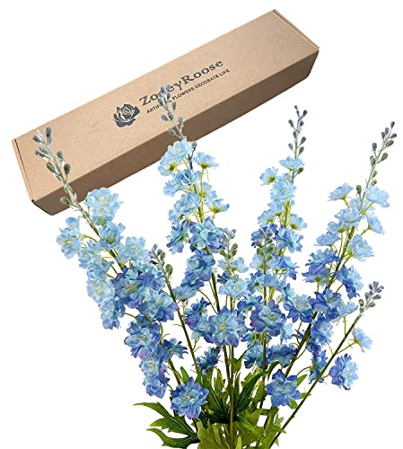 ZYTUYO Künstliche Blumen mit langem Stiel, blauer Rittersporn aus echter Seide, Blumensträuße für den Außenbereich, hohe Vase, Haus, Garten, Hochzeit, Arrangement, Dekoration, 4 Stück