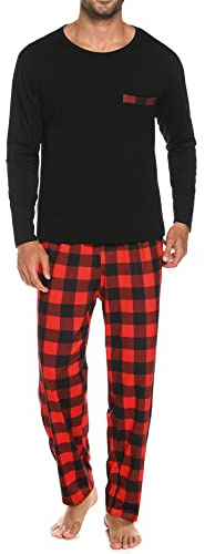 Sykooria Pyjama Hommes d'automne et d'hiver Ensemble de Chemise Manches Longues Vêtements de Nuit en Coton à Hauts et Pantalons Lâche Décontracté Confortable XL Style_C Rouge