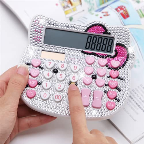 Hello Kitty Calculator Super Cute, Study Gift for School Office Workers, Solar and Battery Powered (White Applique Diamond)