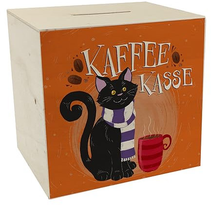 Herbstliche Kaffeekasse Spardose aus Holz mit schwarzer Katze praktische Sparbüchse für den Friseursalon oder Dein Ladengeschäft um etwas Geld für die Mitarbeiter und Kollegen zu