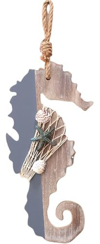 Wooden Decoration Nautical Seahorse With Starfish And Shells Rustic Wall Hanging Ornament Door Plaque Accessory Gifts For Home Office Beach Kitchen Bathroom Shops Restaurant