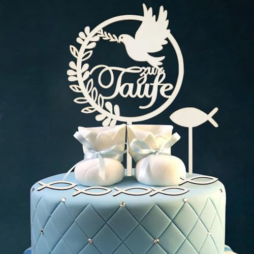 WANYI 7 Stück Cake Topper Taufe Holz Meine Taufe Tortendeko Taufedeko Taufe Tortenstecker Torten Topper Taufe Personalisiert mit Fisch Taube Kuchendekoration Party Dekoration für Junge Mädchen (B)