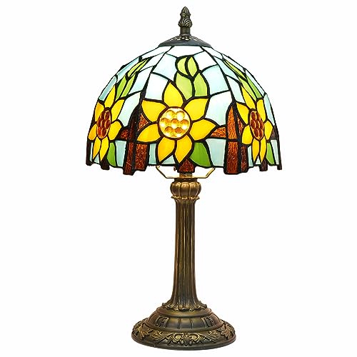 Blivuself Tiffany Style Stained Glass Table Lamp Yellow Sunflower Blue Bedroom Bedside Reading Desk Light for Office Dormitory Bar Restaurant Decor Retro Vintage Cute Flower Small Night Light Gift