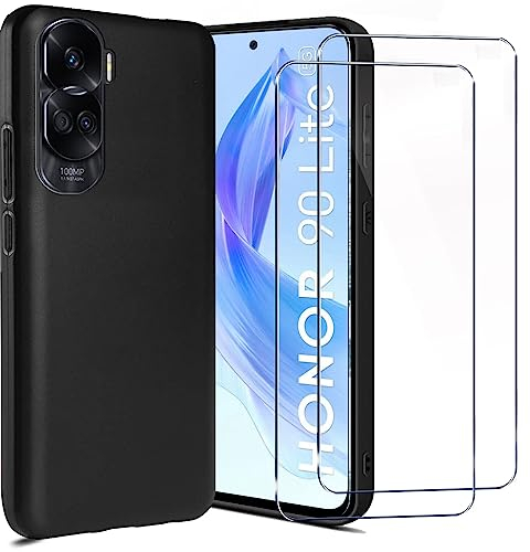 LYJERRY 1Pack de Protection Honor 90 Lite Coque Souple Noir + 2Pcs Verre trempé pour Honor 90 Lite Portable Antichoc Cover Housse Silicone Étui Film Protecteur