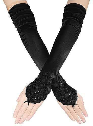 SAVITA Long Lace Gloves - Soft Fingerless Elbow Length Gloves for Women - Satin Black - Bridal Wedding Tea Party Masquerade