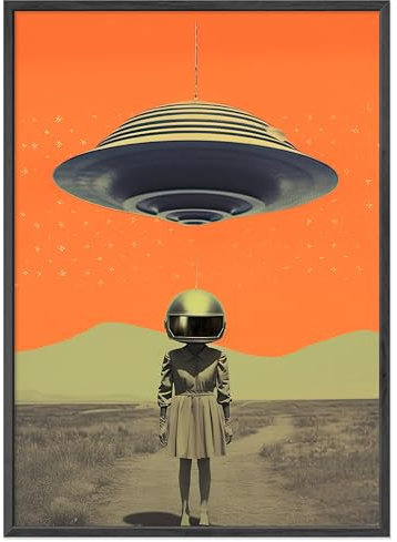 JUNOMI® Surrealismus Poster DIN A2 - Motiv 19 | Vintage Poster, Fantasie-Poster, Hippie, Planeten, 60er, 70er, 80er, Frauenporträt | Mit Rahmen Schwarz
