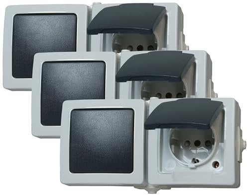 Kopp 138656001 Aus- / Wechselschalter-Steckdosenkombination Aufputz Feuchtraum Nautic (Packung mit 3) Grau