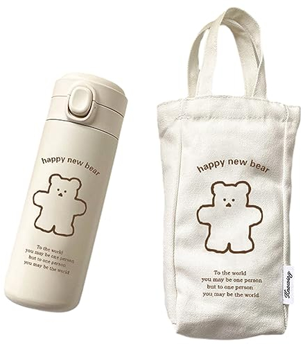 LYEAA Kawaii Bear Botella portátil para beber de dibujos animados con pegatinas 350/450 ML Botella térmica portátil de acero inoxidable para ciclismo, viajes, deportes al aire libre