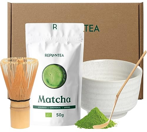 REPLANTEA KIT TE MATCHA COMPLETO | Té Matcha Kit con 50g de Té Matcha Japonés Ecológico + Batidor Bambú + Cuchara Medidora Bambú + Bowl Japonés Color Negro