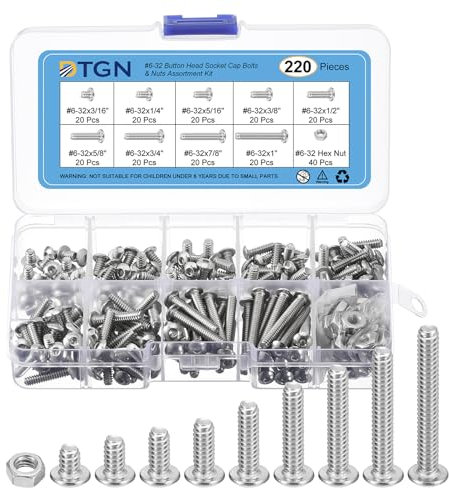 DTGN 220Pack #6-32(D) Button Head Socket Cap Screws Nuts Kit - 3/16,1/4,5/16,3/8,1/2,5/8,3/4,7/8,1(L) Hex Socket Cap Bolt Nut Assortment - 304 Stainless Steel UNC Full Thread