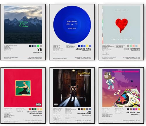 Poster von Kanye West, Musikalbumcover, Posterdrucke, 6er-Set, ästhetische Leinwand, Wandkunstdrucke für Mädchen und Jungen, Teenager, Schlafsaal, Schlafzimmer, Wanddekoration (27,9 x 35,6 cm,