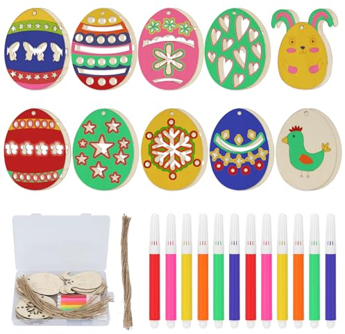 FINEASY 53 Stück Ostern Basteln Holz Set, Holzanhänger Ostern Zum Bemalen, Ostern Anhänger Holz, Bastelset für Kinder, Osterdeko Holz Ostereier Osterhasen mit Acrylstifte Hanfseil