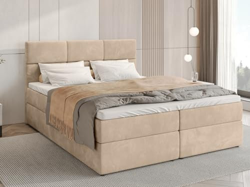 BROMARKT Boxspringbett mit Bettkasten Polsterbett mit Bonell-Matratze und Topper Doppelbett mit Stauraum Bett für Schlafzimmer gepolstertes Kopfteil Boston 180x200 Härtegrad H3 Samtstoff Beige