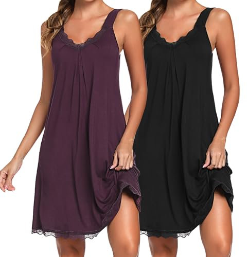Uniexcosm Camisón de Mujer Algodon Camisones Mujer Sexy sin Manga Camisón con Tirantes Antideslizantes Cuello en V Ropa de Dormir Vestido Ligero y Suave para Hogar Negro+Fucsia Oscuro L