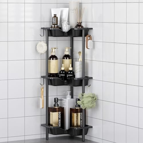 Oriware Estanteria Baño de Ducha de Pie, Organizador de Esquina de Piso de Empalme con 4 Ganchos, Cesta Ducha sin Taladrar para Baño (Negro, 3 Tier)