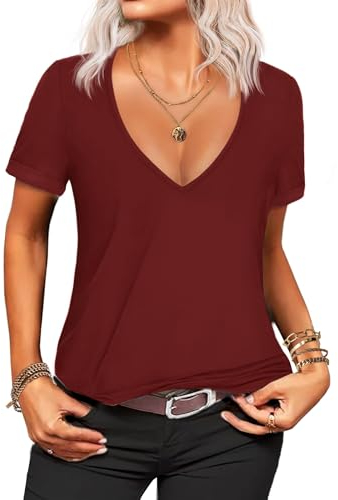 Zeagoo Women's Deep V T-Shirt Summer Short Sleeve Blouse Tunic Loose Casual Tee Tops Wine Rot XL