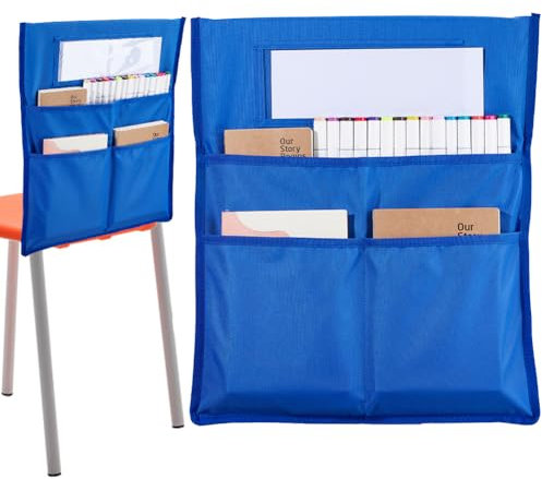 CRASPIRE Chair Buddy Storage Pocket 19 x 16.5 Chair Back Organizer Chart Blue with Name Tag Label Slot Students Seat Chairback Multiple Pockets for School Home Classroom Preschool Daycare Supplies